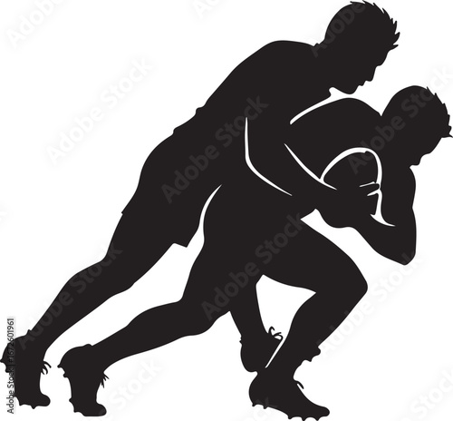 Two black silhouette male rugby players in action during a tackle football sport