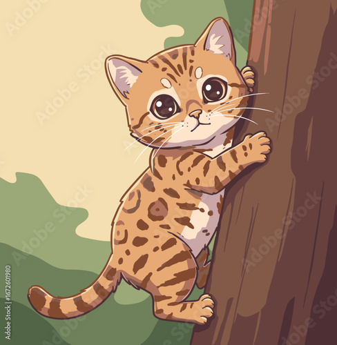 Bengal cat climbing a tree with a curious expression outdoors  