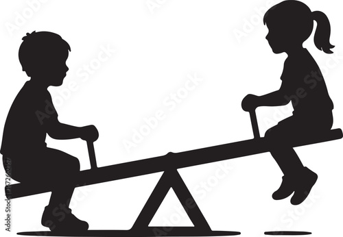 Black silhouette of a boy and a girl on a seesaw in a park playground children