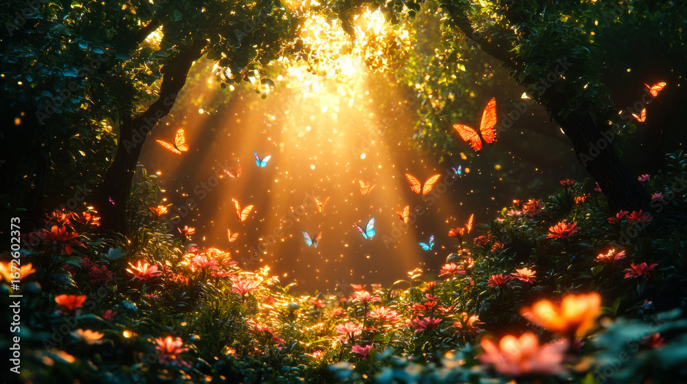Fototapeta premium Butterflies fluttering in a vibrant meadow illuminated by soft sunlight in a serene forest setting during springtime