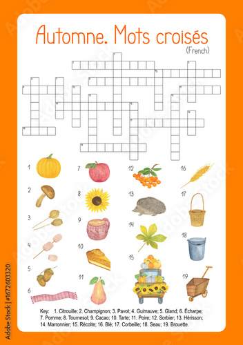 Autumn crossword translation from French language topical vocabulary training, fall seasonal word search puzzle, watercolor activity printable worksheet for kids, educational or leisure game