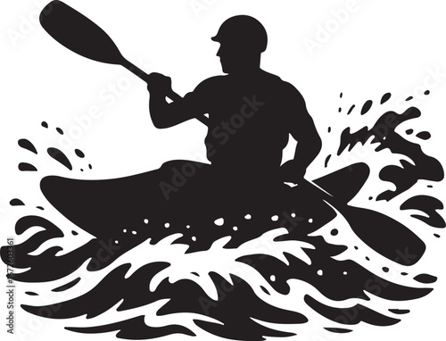 Black silhouette of a kayaker paddling through choppy water with splashes kayaking