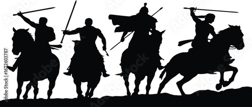 Group of Four Horseback Warriors Silhouettes with Swords Raised medieval Photo