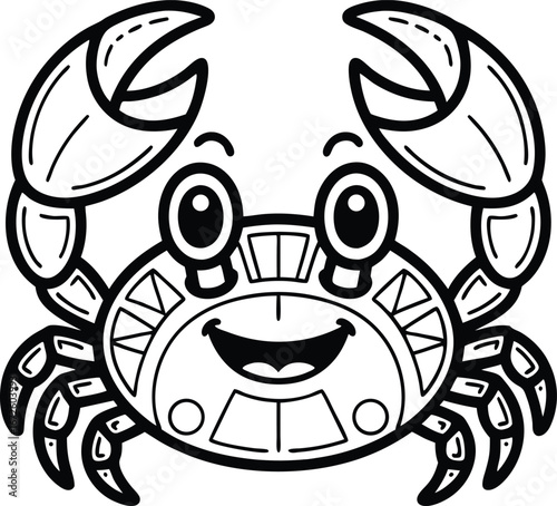 Whimsical Photo black and white drawing of a smiling crab with claws raised crustacean sea creature