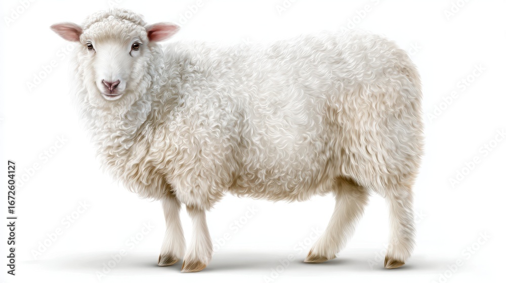Obraz premium Fluffy sheep isolated on white background with detailed wool texture for farm projects.