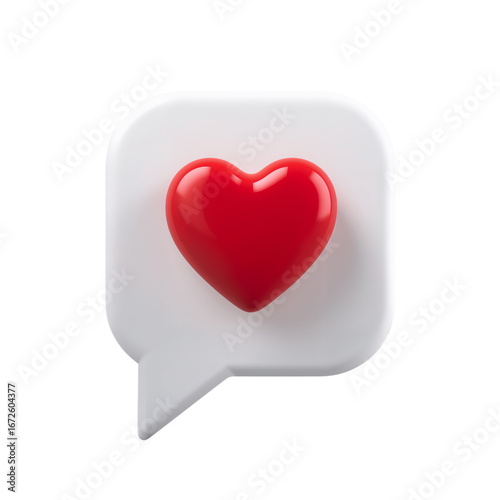 Glossy red heart icon in a modern chat bubble 3d render for social media and design
