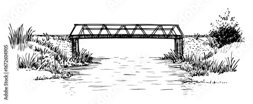 metal truss bridge over river in nature landscape black and white line art