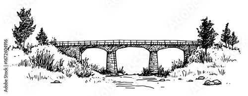 stone arch bridge over stream in forest scenery black and white art
