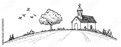 church on hill with tree and birds peaceful countryside scene