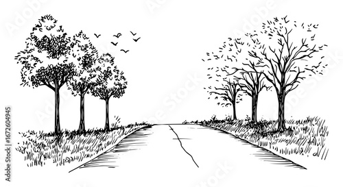 Hand-drawn tree-lined country road vector rural landscape line art sketch
