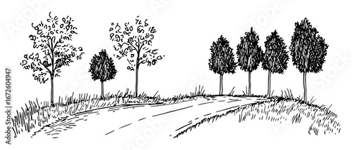 curved road with trees on meadow minimal line landscape