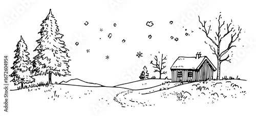 snowy cabin in winter forest with falling snowflakes
