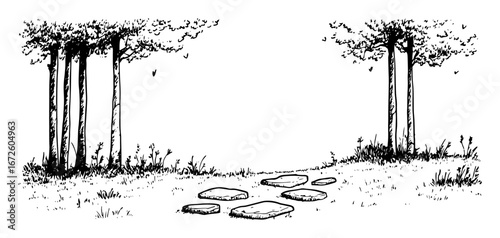 stone path through forest clearing minimal black and white drawing