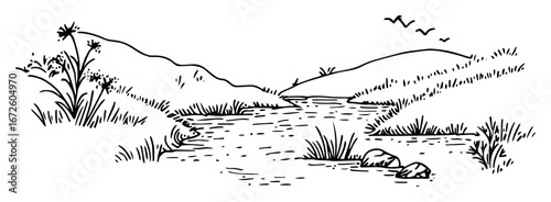 river flowing through hills and grass minimal landscape drawing