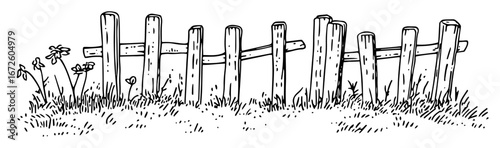wooden fence in grass with wildflowers rustic line art