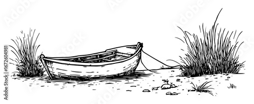 rowboat on shore with grass and pebbles black and white line art