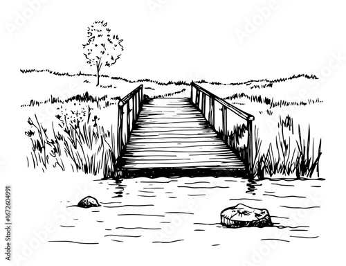 wooden bridge over river with grassy banks minimal landscape