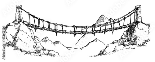 rope suspension bridge over mountain valley adventurous line illustration