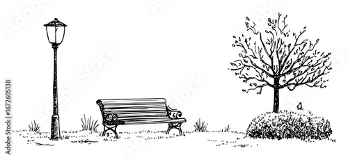 park bench with tree and vintage streetlamp quiet urban scene