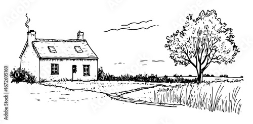 small countryside house with tree and path peaceful rural scene