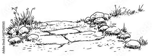 stone path with grass and small rocks minimal nature scene