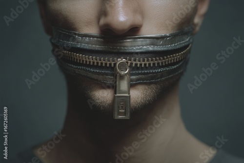 Surreal close-up portrait of a man with his mouth visually replaced by a closed zipper or padlock, symbolizing silence, censorship, and lack of freedom of speech. Dark, muted tones and conceptual art 