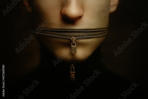 Surreal close-up portrait of a man with his mouth visually replaced by a closed zipper or padlock, symbolizing silence, censorship, and lack of freedom of speech. Dark, muted tones and conceptual art 