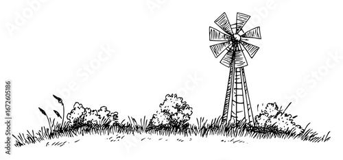 windmill on grassy hill with bushes rural landscape drawing