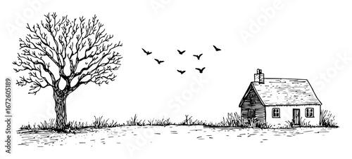 solitary house with large tree and birds peaceful rural landscape