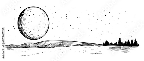 giant moon above hills and forest under starry sky surreal night scene
