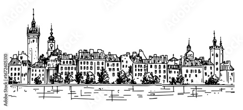 city skyline with old european buildings and towers reflected in water