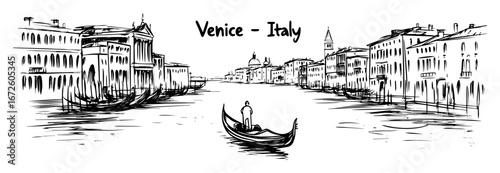 venice grand canal with gondola and italian architecture romantic travel sketch