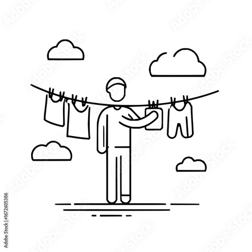 Laundry day illustration: man hanging clothes on line under cloudy sky vector line art drawing