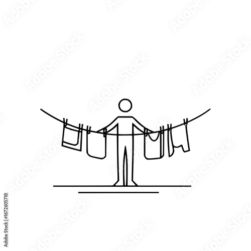 Minimalist laundry line art illustration for home chores and drying clothes vector graphic design element