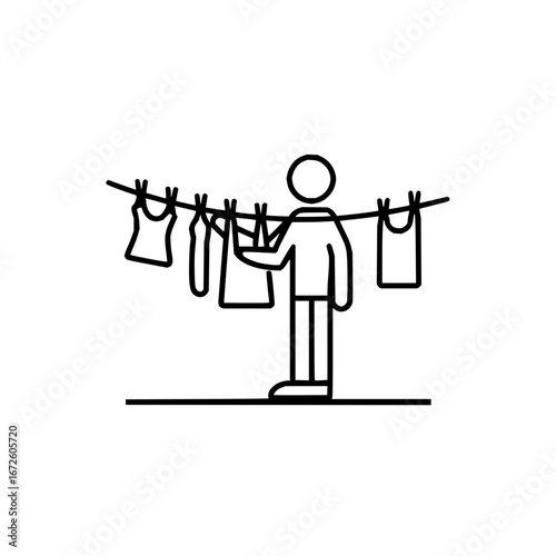 Laundry day chores illustration featuring clothesline and person hanging clothes for lifestyle graphic design
