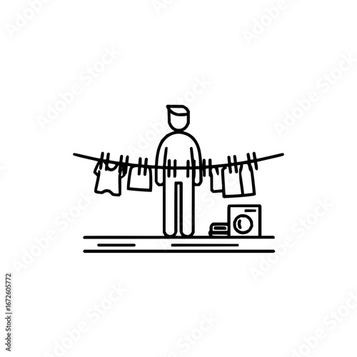 Laundry day chores drying clothes on a line with clothespins household work routine vector line art icon