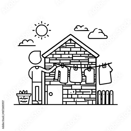 Laundry day chores illustration vector art of hanging clothes outside home with sun and clouds line drawing