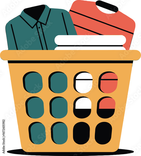 Laundry Basket Clothes, Clothes Hamper Illustration, Folded Clothes in Basket, Colorful Laundry, Laundry Day Cartoon