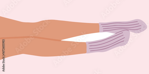 Flat vector illustration of legs lying on the floor. The right one is slightly bent and dilacately touching the other. The lilac socks with elastic band are on the feets.