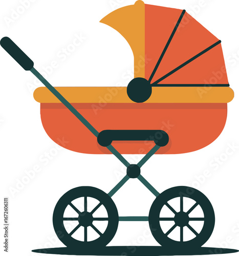 Cute Baby Stroller, Orange Baby Carriage Illustration, Red & Yellow Pram Design, Cartoon Baby Buggy Graphic, Child's Stroller Clipart