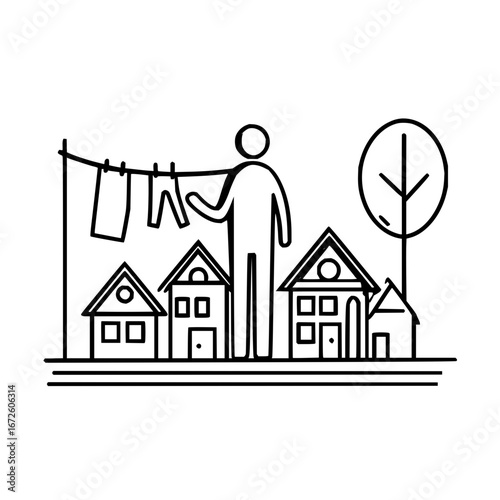 Laundry day illustration of a person hanging clothes in a neighborhood setting vector art image