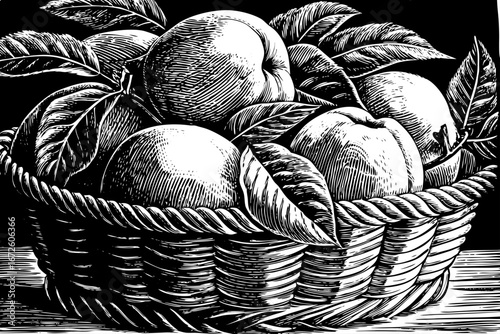 basket with ripe peaches and leafy branches, rustic natural composition, organic fresh still life black and white sketch