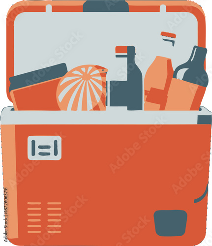 Open Cooler with Drinks & Snacks, Summer Picnic Essentials in Cooler, Red Cooler Full of Refreshments, Beach Day Cooler Pack, Portable Cooler for Outdoor Fun