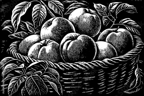 basket with ripe peaches and leafy branches, rustic natural composition, organic fresh still life black and white sketch