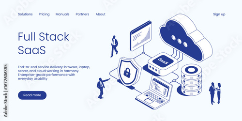 Full Stack SaaS, End-to-End Service Delivery with Browser, Laptop, Server and Cloud Working in Harmony for Enterprise Performance. Technology Isometric 3d Line Vector Illustration.