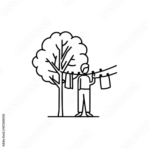 Line art of man hanging clothes outdoors drying laundry on a clothesline near a tree vector illustration