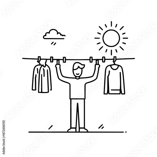 Laundry day clothesline drying hanging clothes sunshine and cloud outline drawing vector illustration