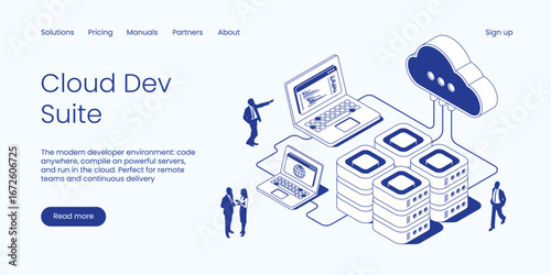 Cloud Dev Suite, Modern Developer Environment with Code Anywhere, Powerful Server Compilation and Cloud Execution for Remote Teams. Technology Isometric 3d Line Vector Illustration.