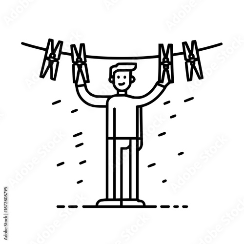 Hanging clothesline laundry illustration vector art clothes pin man line drawing graphic design clothes drying day