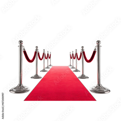 Elegant red carpet entrance with velvet ropes and polished silver stanchions for vip events
